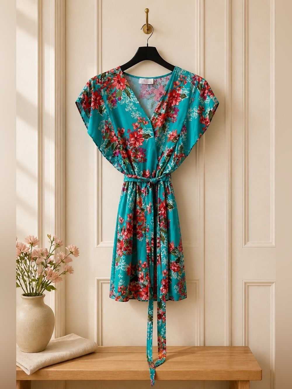 Time and Tru Teal Floral Wrap Romper with Red Flowers